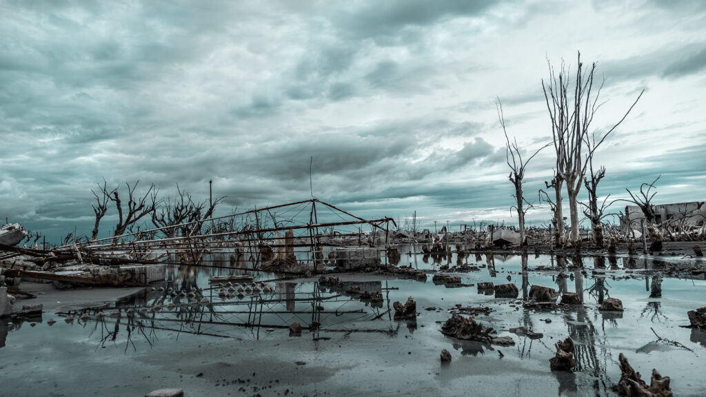 landscape of building ruins and bare trees in the water under a cloudy sky on a gloomy day